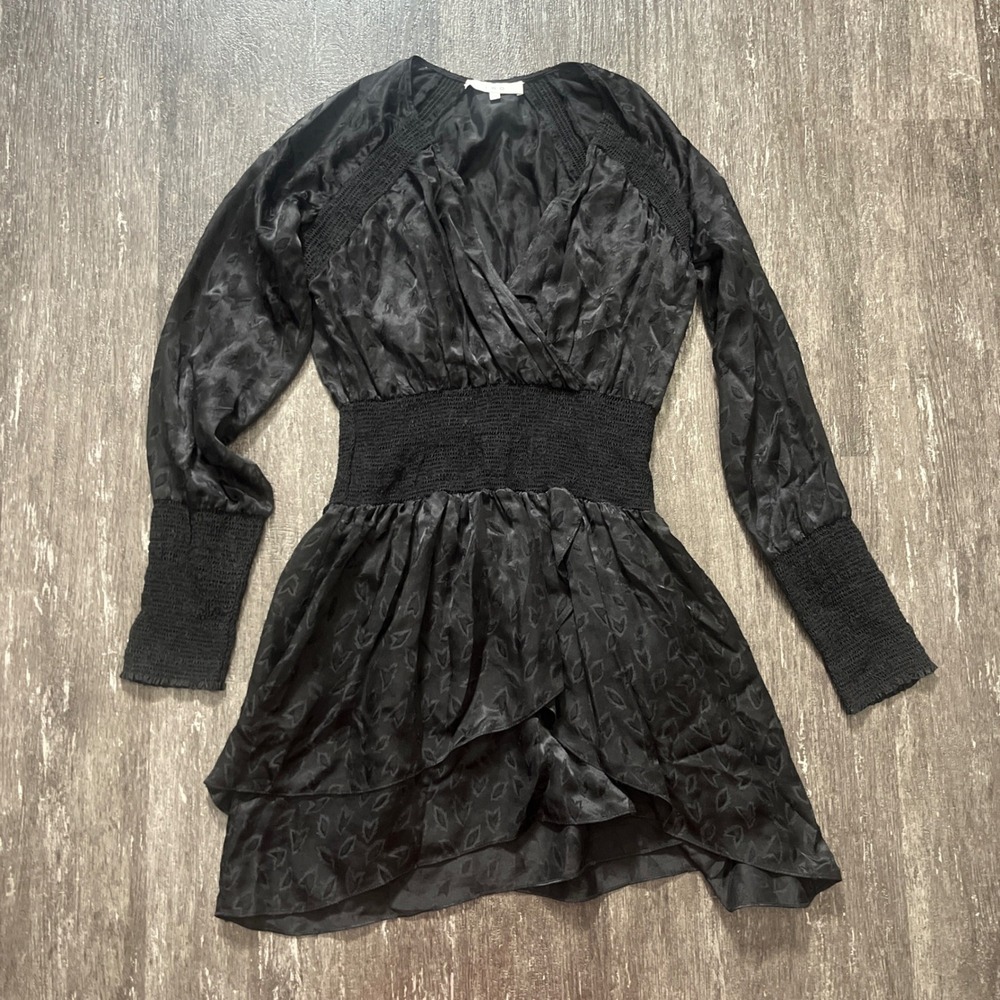 IRO Loa Mini Dress Womens 36‎ Black 100% Silk Jacquard Smocked V-Neck Ruffle